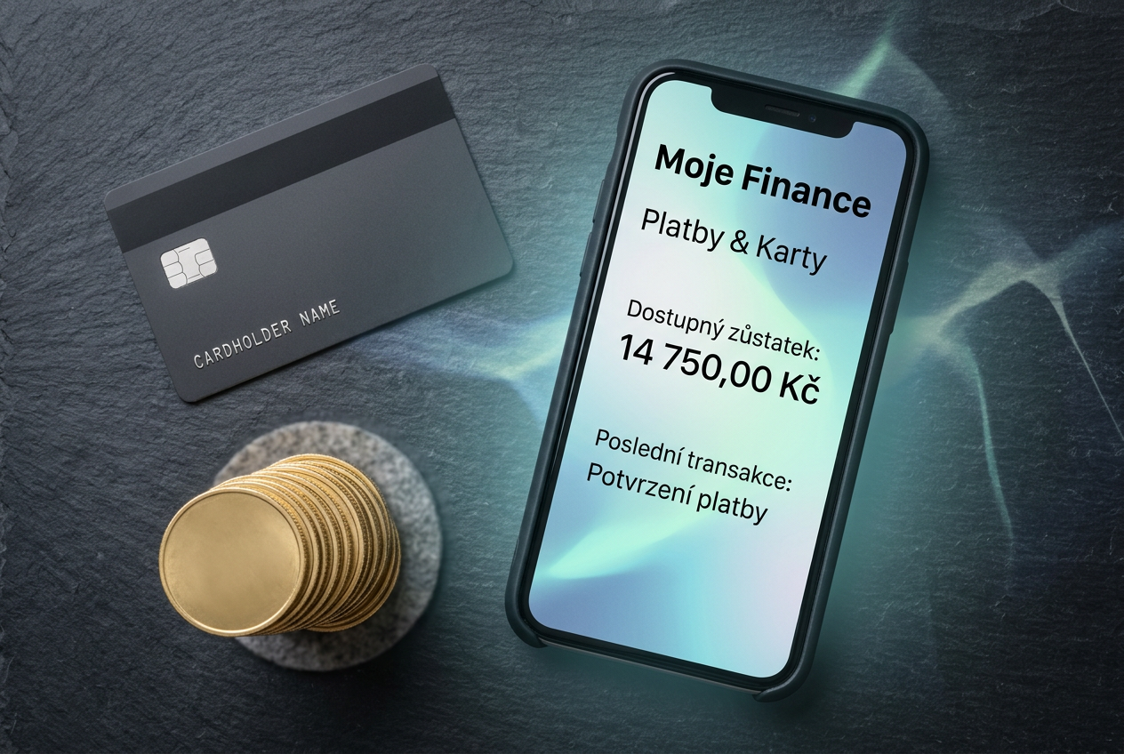 Stylové uspořádání neoznačené platební karty, hromádky mincí a chytrého telefonu